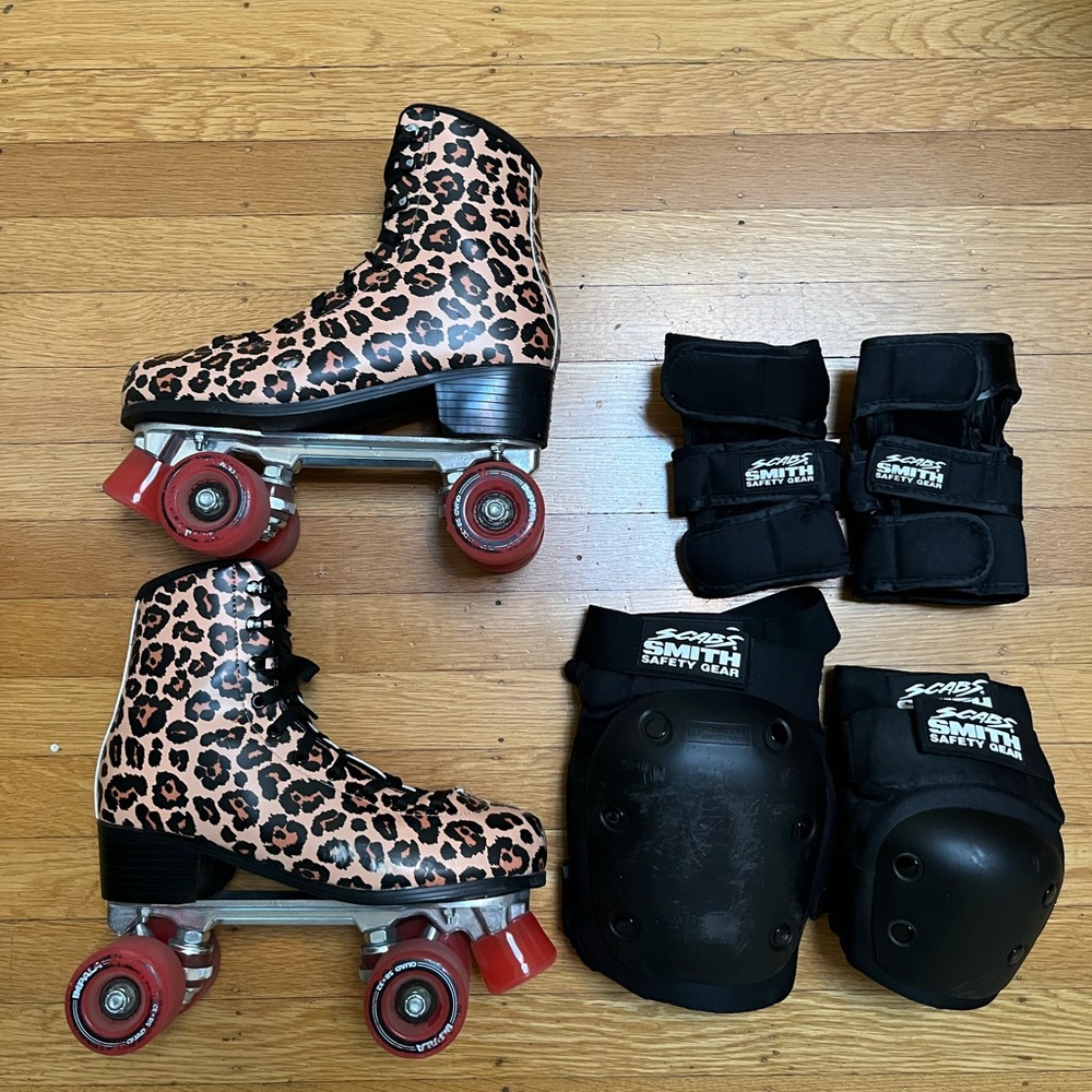 Impala Leopard Print Roller Skates with Smith Scabs Protective Gear